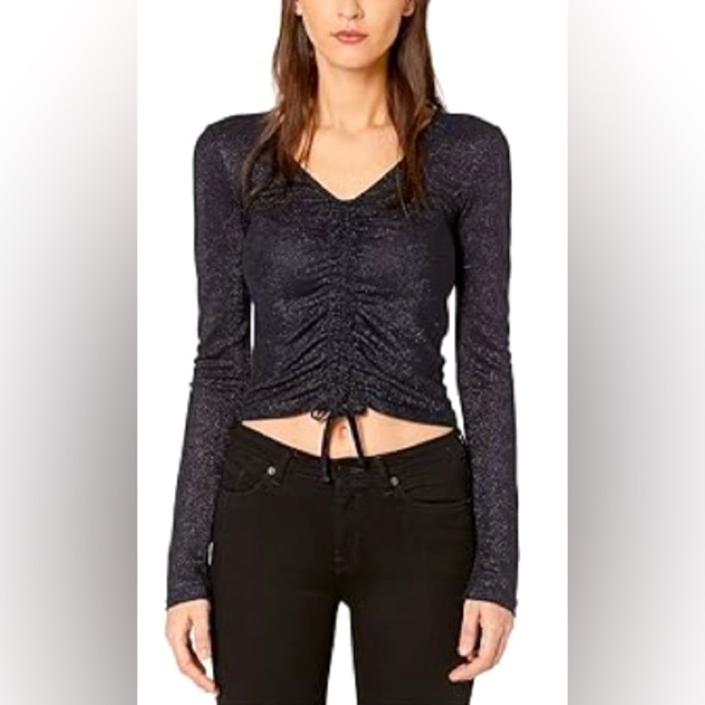 Like New AllSaints Rina Glitz Navy Blue Metallic Shimmer Long Sleeve Tee - Large